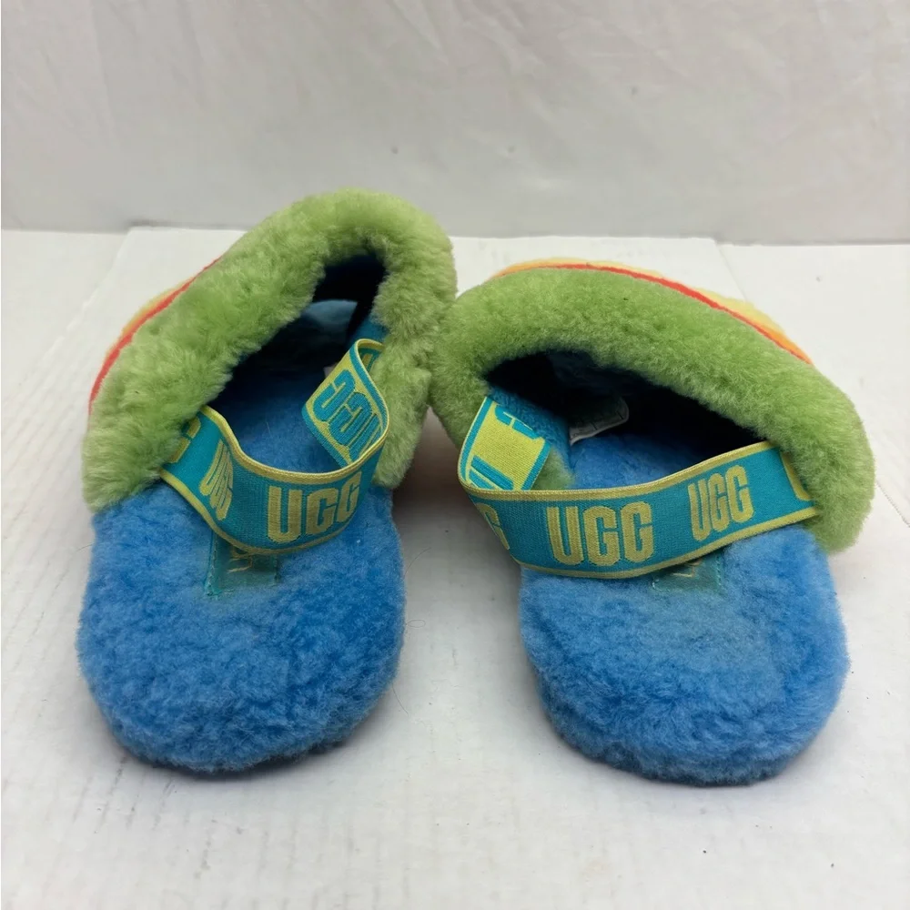 UGG Plush Slide Slippers in Blue and Lime, size 5 big girl, box 30